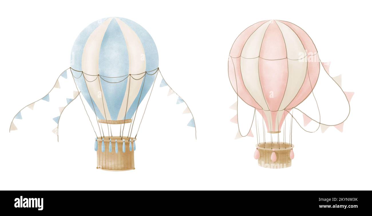 Set of Hot Air Balloons in cute pastel pink and blue colors. Watercolor hand drawn illustration for baby design in cartoon style. Vintage Aircraft with pennants for children. Drawing for kid design. Stock Photo