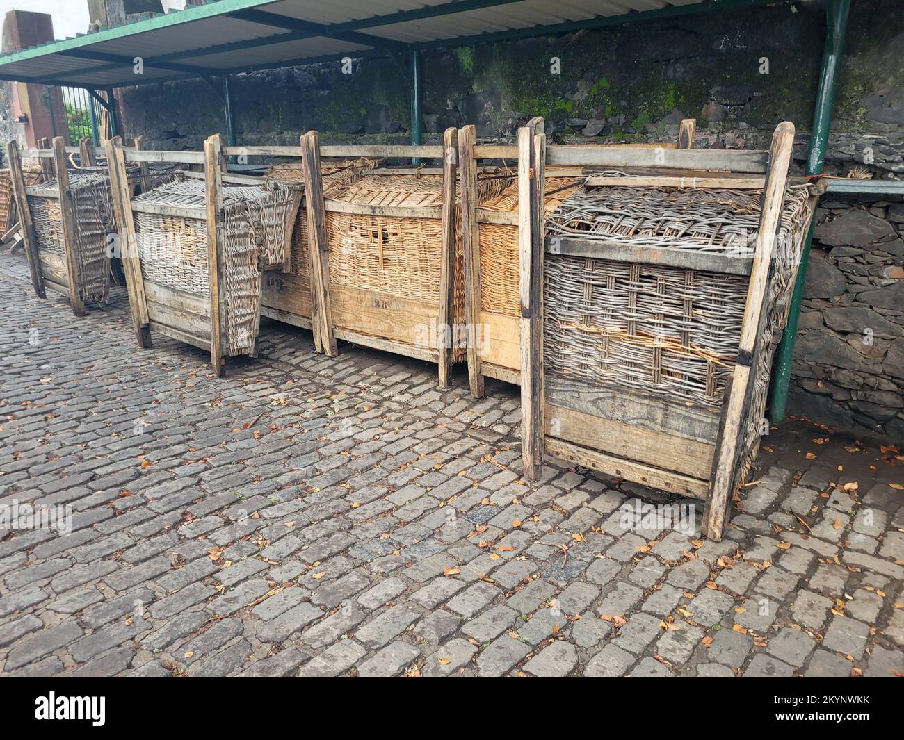 traditional wooden basket sleds in funchal on madeira island Stock