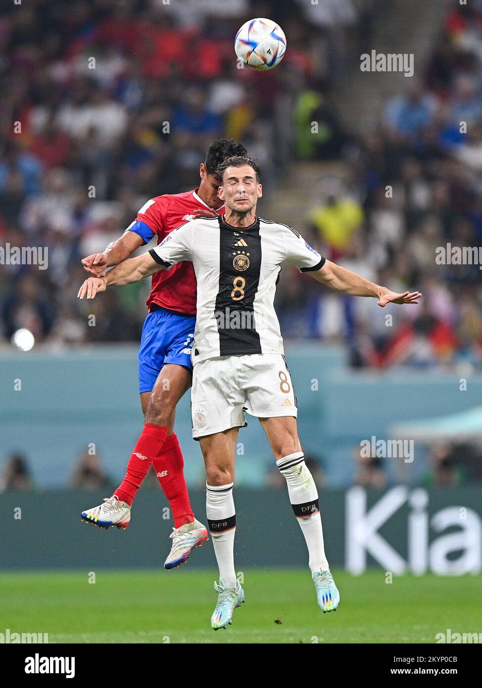 AL KHOR, QATAR - DECEMBER 1: Yeltsin Tejeda of Costa Rica battles for the ball with Leon Goretzka of Germany during the Group E - FIFA World Cup Qatar 2022 match between Costa Rica and Germany at the Al Bayt Stadium on December 1, 2022 in Al Khor, Qatar (Photo by Pablo Morano/BSR Agency) Stock Photo