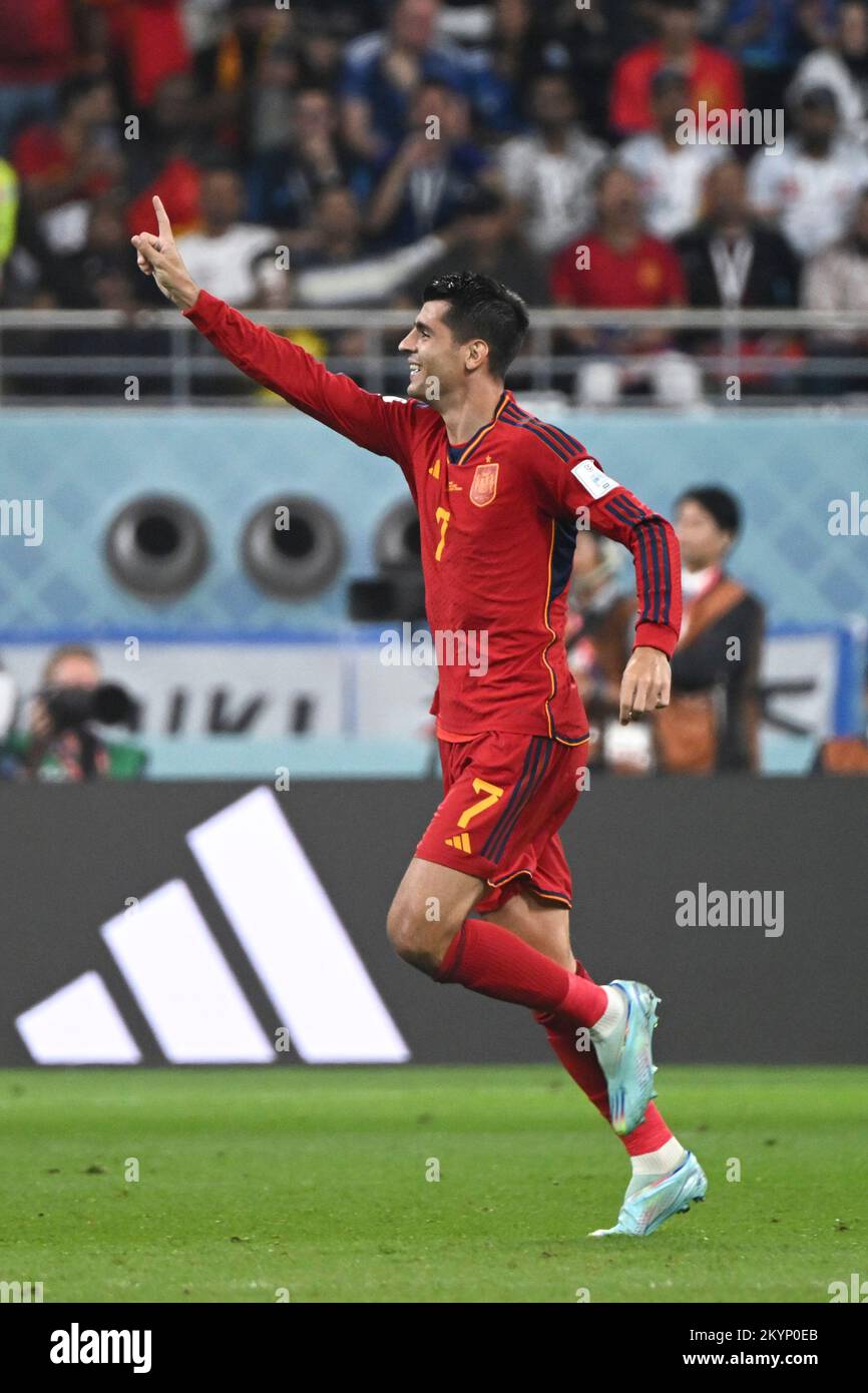 Doha, Qatar. 1st Dec, 2022. Alvaro Morata of Spain celebrates after scoring  during the Group E match between Japan and Spain at the 2022 FIFA World Cup  at Khalifa International Stadium in
