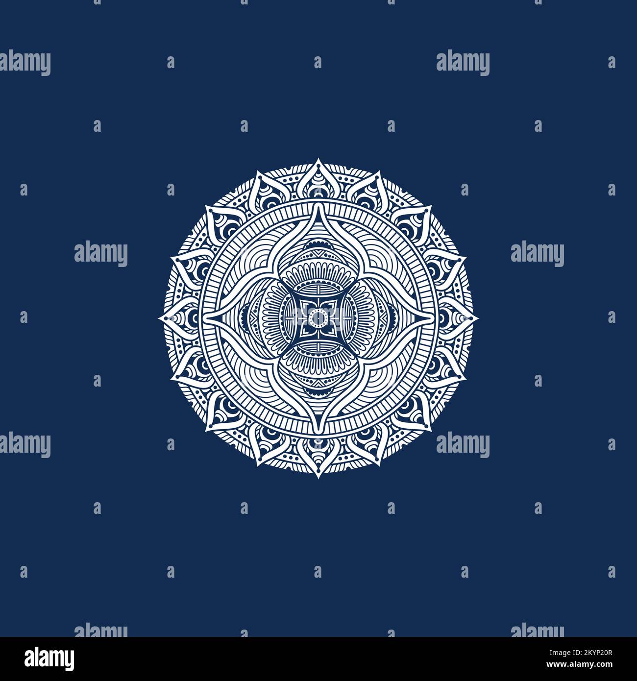 White complex logotype mandala pattern on a Blue background Stock Vector