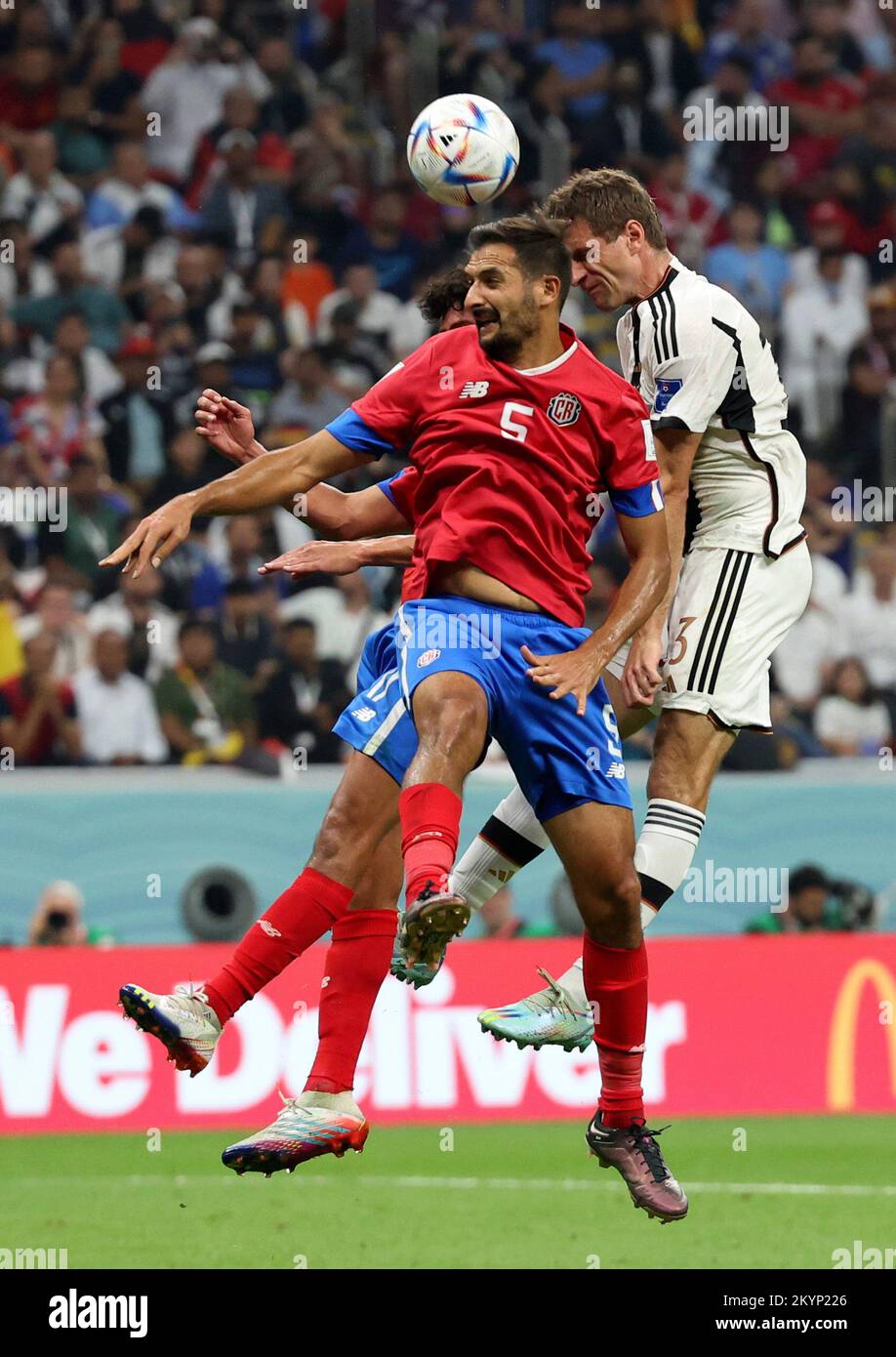 Al Khor, Qatar. 1st Dec, 2022. Celso Borges (L) of Costa Rica vies with Thomas Mueller of Germany during the Group E match between Costa Rica and Germany at the 2022 FIFA World Cup at Al Bayt Stadium in Al Khor, Qatar, Dec. 1, 2022. Credit: Han Yan/Xinhua/Alamy Live News Stock Photo