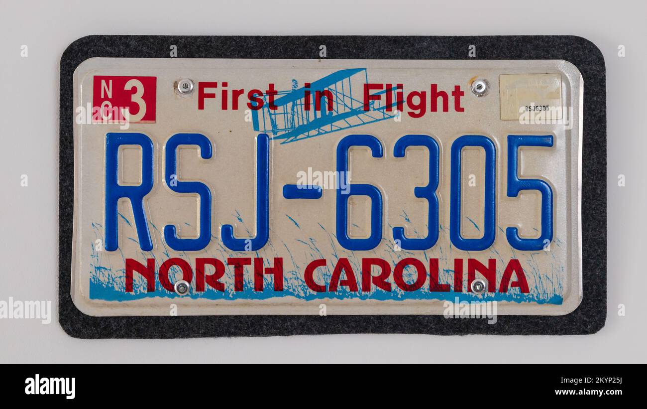 Unregister car licence plate from First in Flight State North Carolina in United States of America. Isolated on white background. Stock Photo