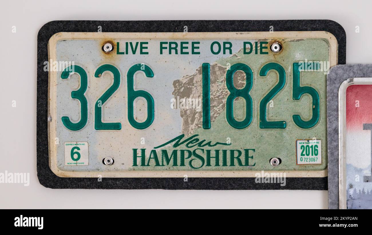 Unregister car licence plate from Live Free State New Hampshire in United States of America. Isolated on white background. Stock Photo