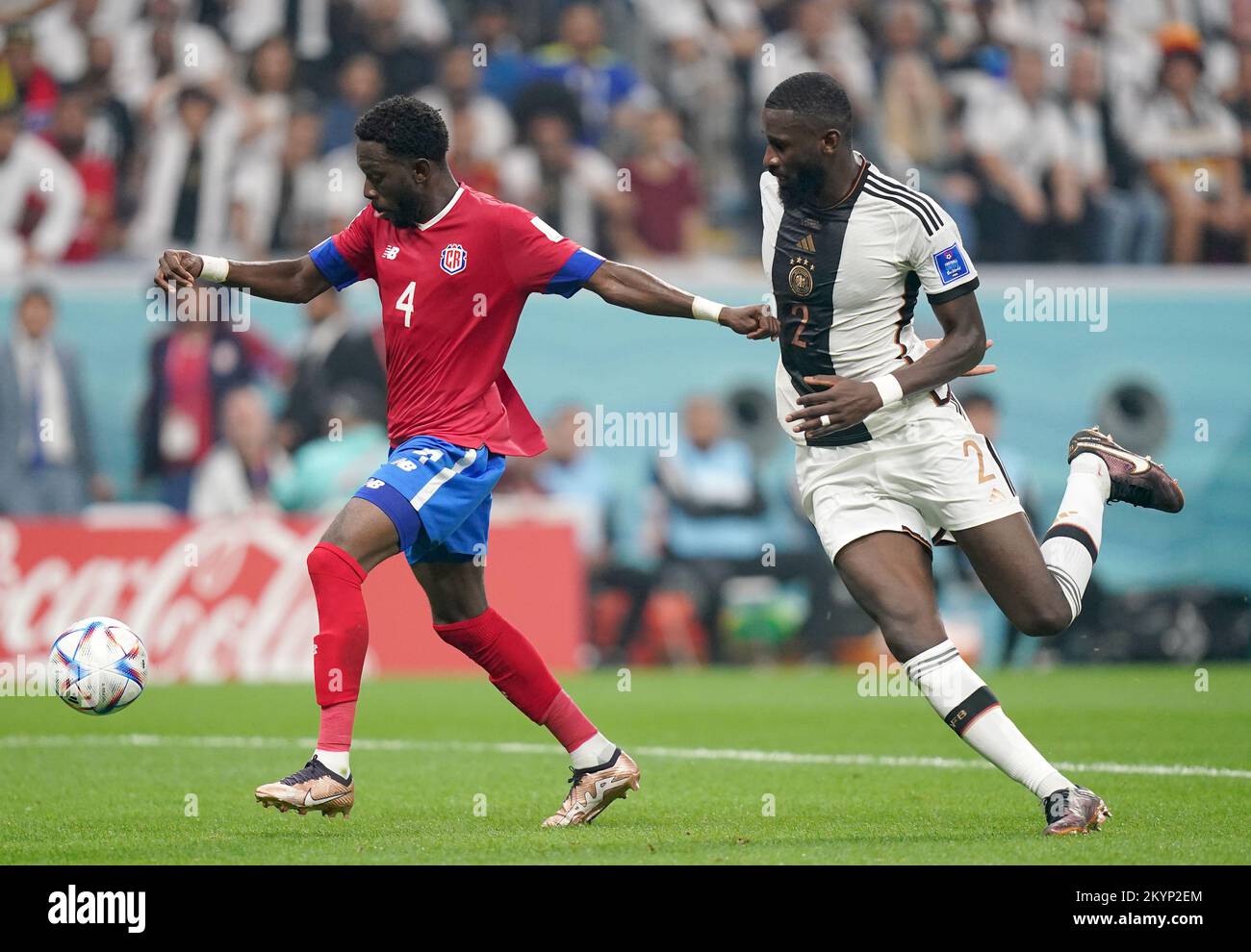 Costa Rica's Keysher Fuller (left) and Germany's Antonio Ruediger battle for the ball during the FIFA World Cup Group E match at the Al Bayt Stadium, Al Khor, Qatar. Picture date: Thursday December 1, 2022. Stock Photo