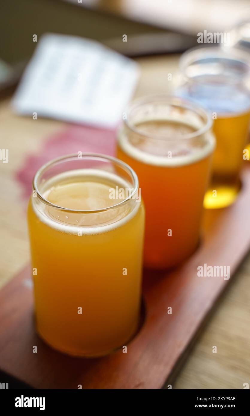 A flight of beer. Beer flights are small servings of various beers
