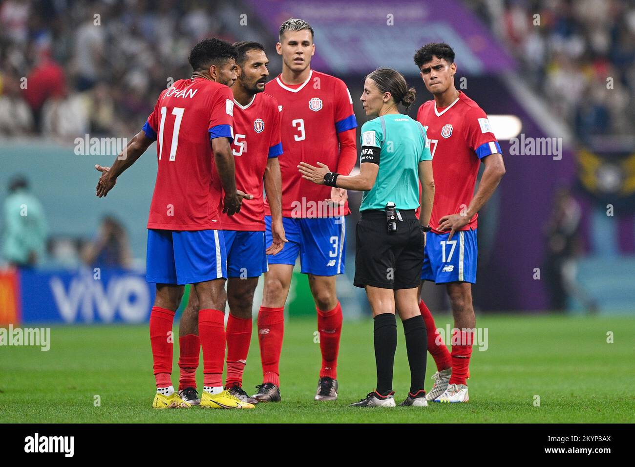 AL KHOR, QATAR - DECEMBER 1: Johan Venegas of Costa Rica, Celso Borges of Costa Rica, Juan Pablo Vargas of Costa Rica, referee Stephanie Frappart and Yeltsin Tejeda of Costa Rica during the Group E - FIFA World Cup Qatar 2022 match between Costa Rica and Germany at the Al Bayt Stadium on December 1, 2022 in Al Khor, Qatar (Photo by Pablo Morano/BSR Agency) Stock Photo