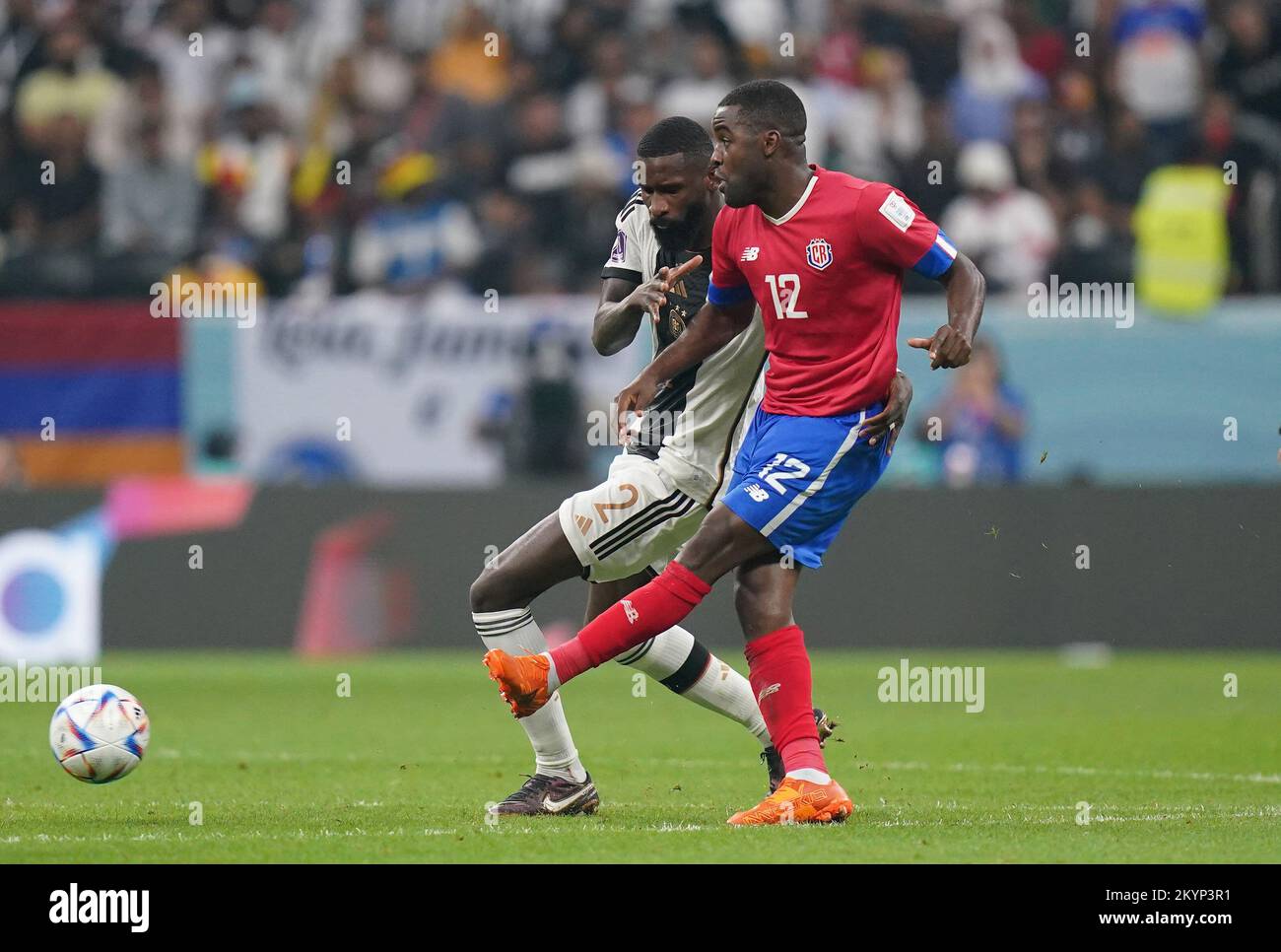 Germany's Antonio Ruediger (left) and Costa Rica's Joel Campbell battle for the ball during the FIFA World Cup Group E match at the Al Bayt Stadium, Al Khor, Qatar. Picture date: Thursday December 1, 2022. Stock Photo