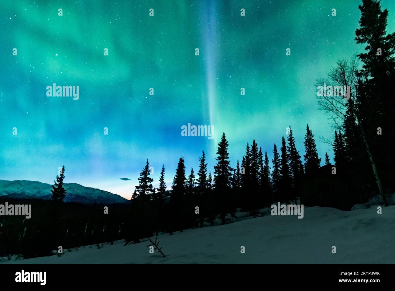 North America; United States; Alaska; Alaska Range Mountains; Pyramid Mountain; Night; Sky; Northern lights; Aurora Borealis; Stock Photo