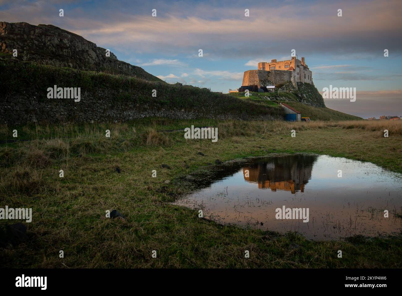 Lindisfarne Castle viewed from the south, Holy Island of Lindisfarne, Northumberland, England, UK Stock Photo