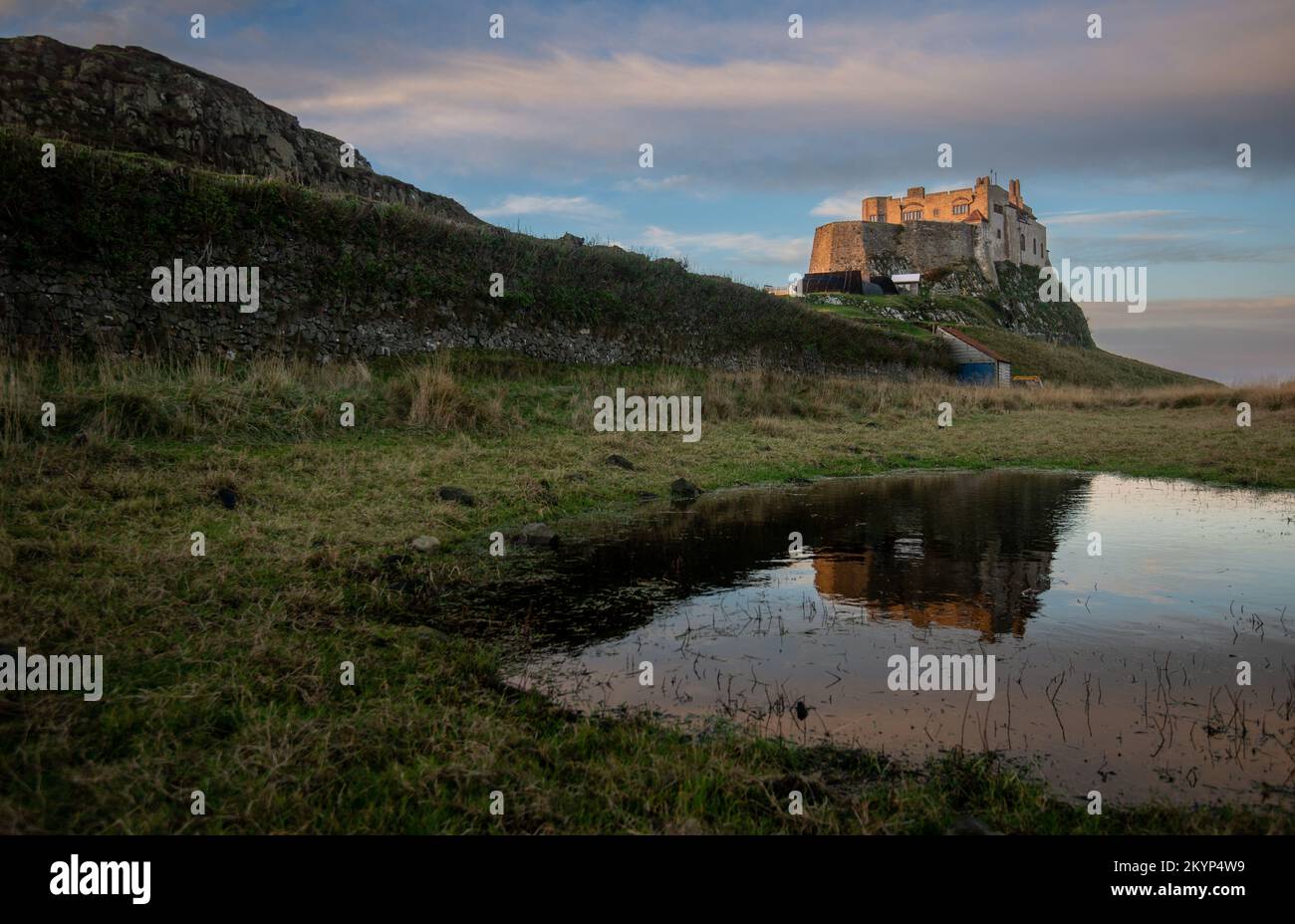 Lindisfarne Castle viewed from the south, Holy Island of Lindisfarne, Northumberland, England, UK Stock Photo