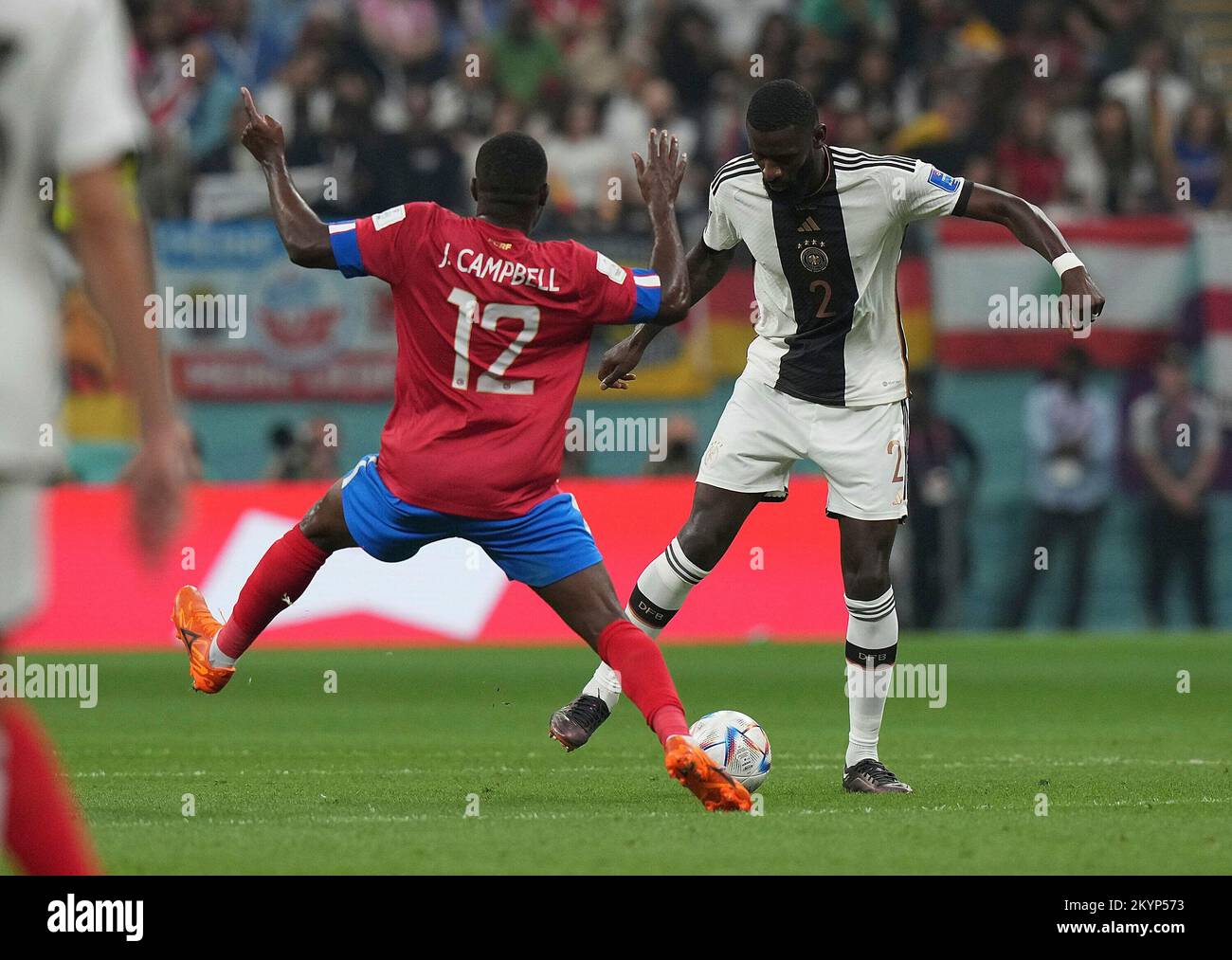 December 1st, 2022, Al Bayt Stadium, Doha, QAT, World Cup FIFA 2022, Group E, Costa Rica vs Germany, in the picture Costa Rica's forward Joel Campbell, Germany's defender Antonio Ruediger Stock Photo