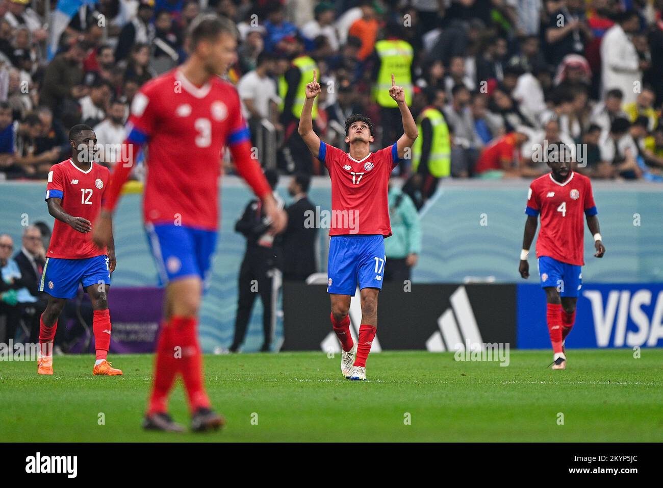 AL KHOR, QATAR - DECEMBER 1: Yeltsin Tejeda of Costa Rica celebrates after scoring his sides first goal during the Group E - FIFA World Cup Qatar 2022 match between Costa Rica and Germany at the Al Bayt Stadium on December 1, 2022 in Al Khor, Qatar (Photo by Pablo Morano/BSR Agency) Stock Photo
