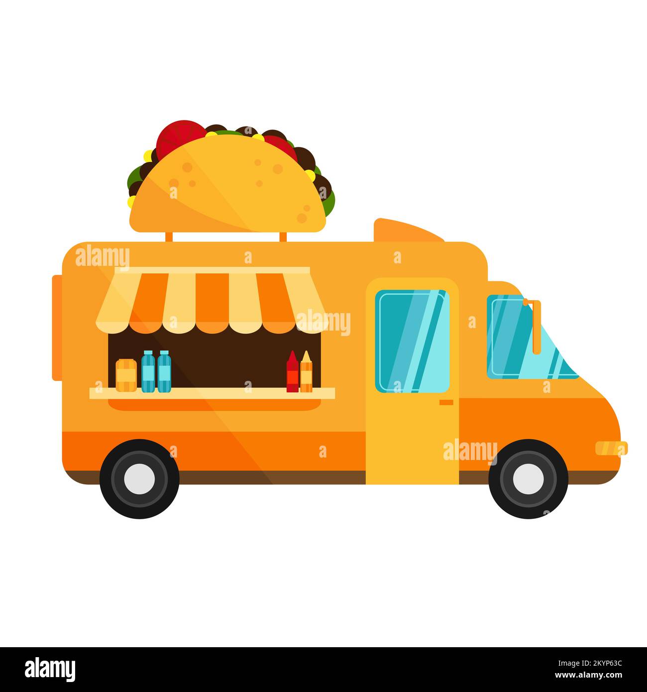 Taco truck. Street fast food truck, takeaway restaurant, market in street isolated vector illustration in flat cartoon style. Stock Vector