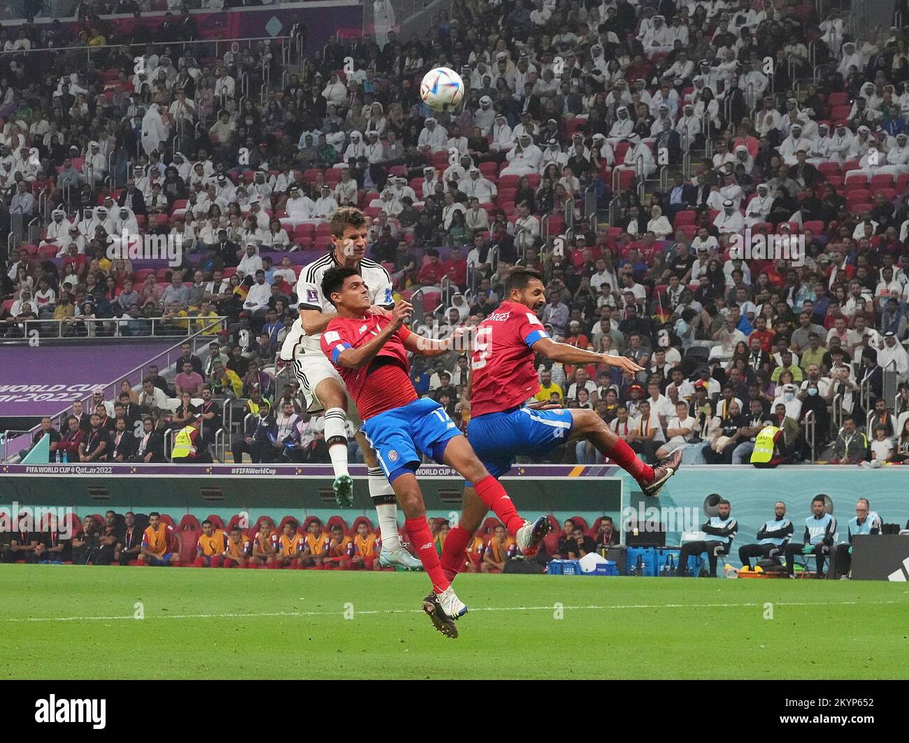December 1st, 2022, Al Bayt Stadium, Doha, QAT, World Cup FIFA 2022, Group E, Costa Rica vs Germany, in the picture Germany's forward Thomas Mueller, Costa Rica's midfielder Yeltsin Tejeda, Costa Rica's midfielder Celso Borges Stock Photo