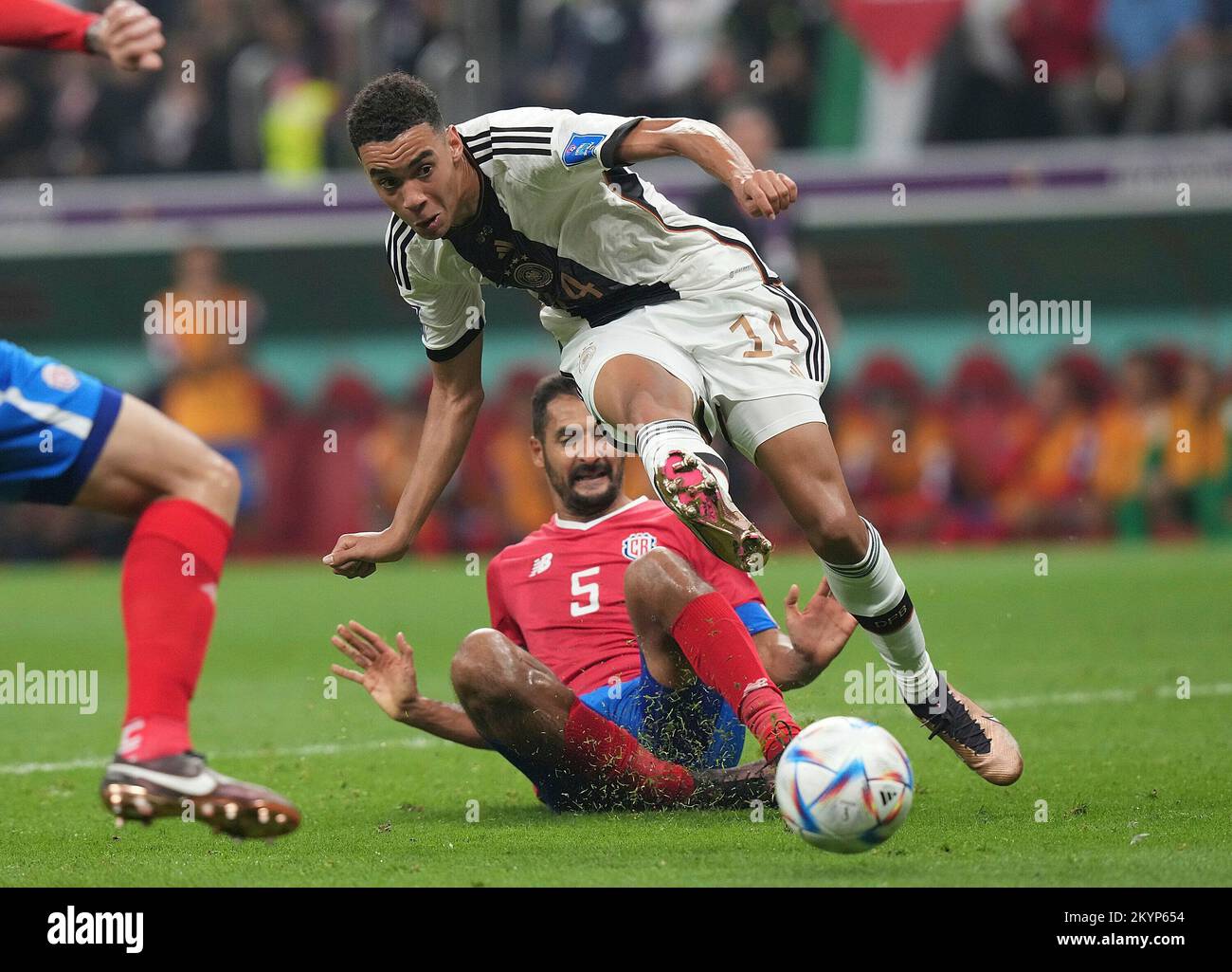 December 1st, 2022, Al Bayt Stadium, Doha, QAT, World Cup FIFA 2022, Group E, Costa Rica vs Germany, in the picture Costa Rica's midfielder Celso Borges, Germany's midfielder Jamal Musiala Stock Photo