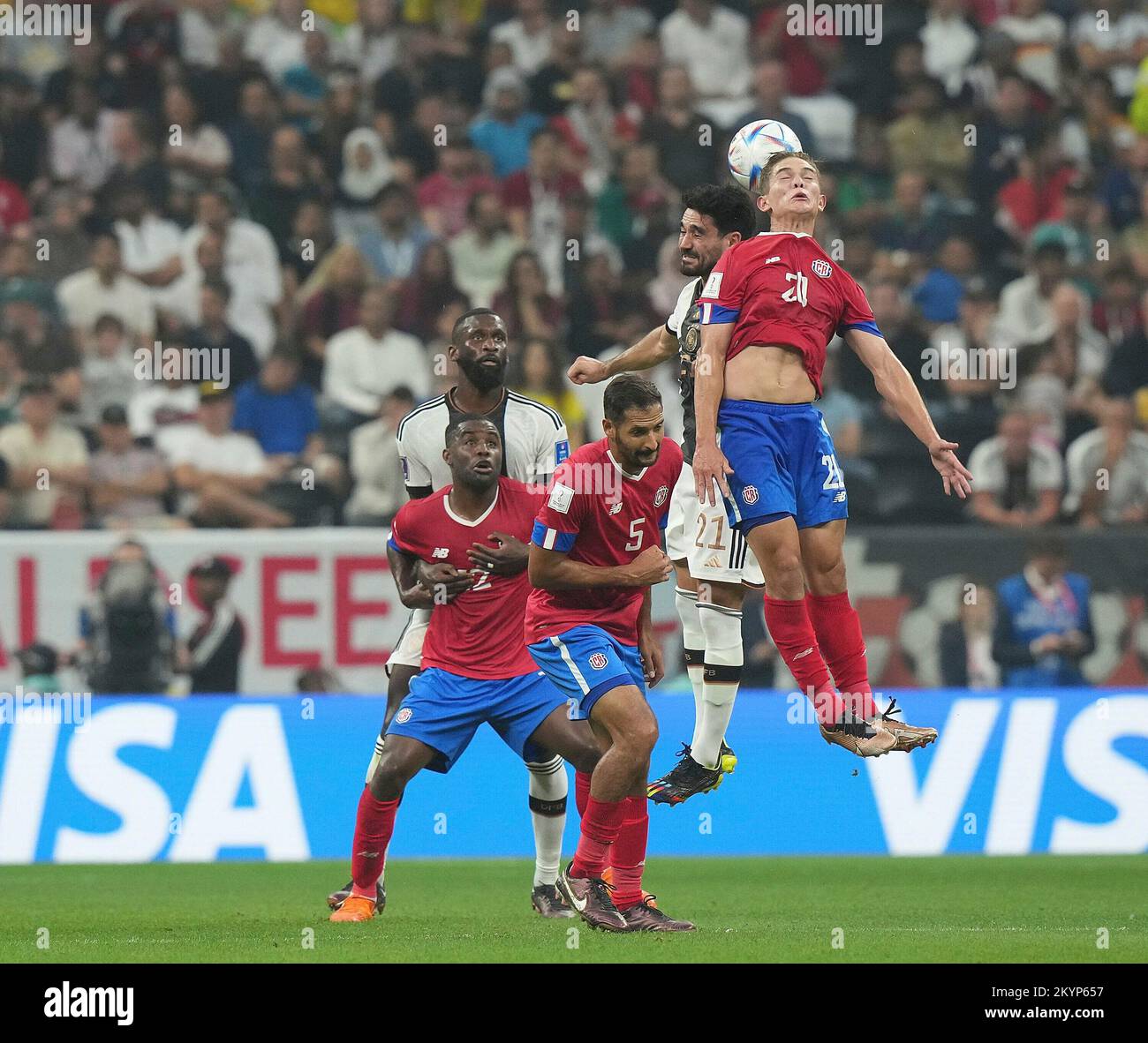 December 1st, 2022, Al Bayt Stadium, Doha, QAT, World Cup FIFA 2022, Group E, Costa Rica vs Germany, in the picture Costa Rica's forward Joel Campbell, Germany's defender Antonio Ruediger, Costa Rica's midfielder Celso Borges, Germany's midfielder Ilkay Gundogan, Costa Rica's midfielder Brandon Aguilera Stock Photo