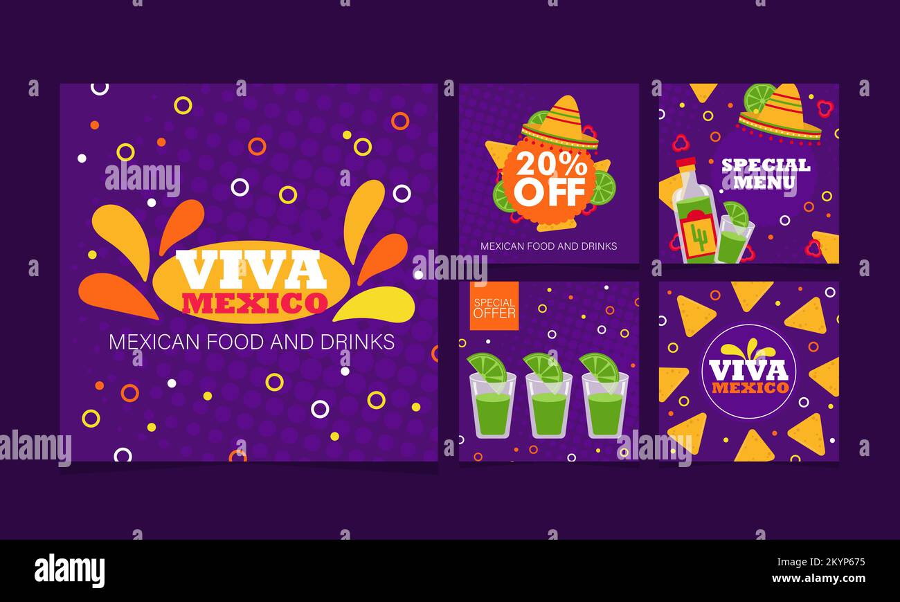 Mexican native food snacks and drinks. Square banners - vector illustration. Collection of square layouts for social networks. Promo of restaurant Stock Vector
