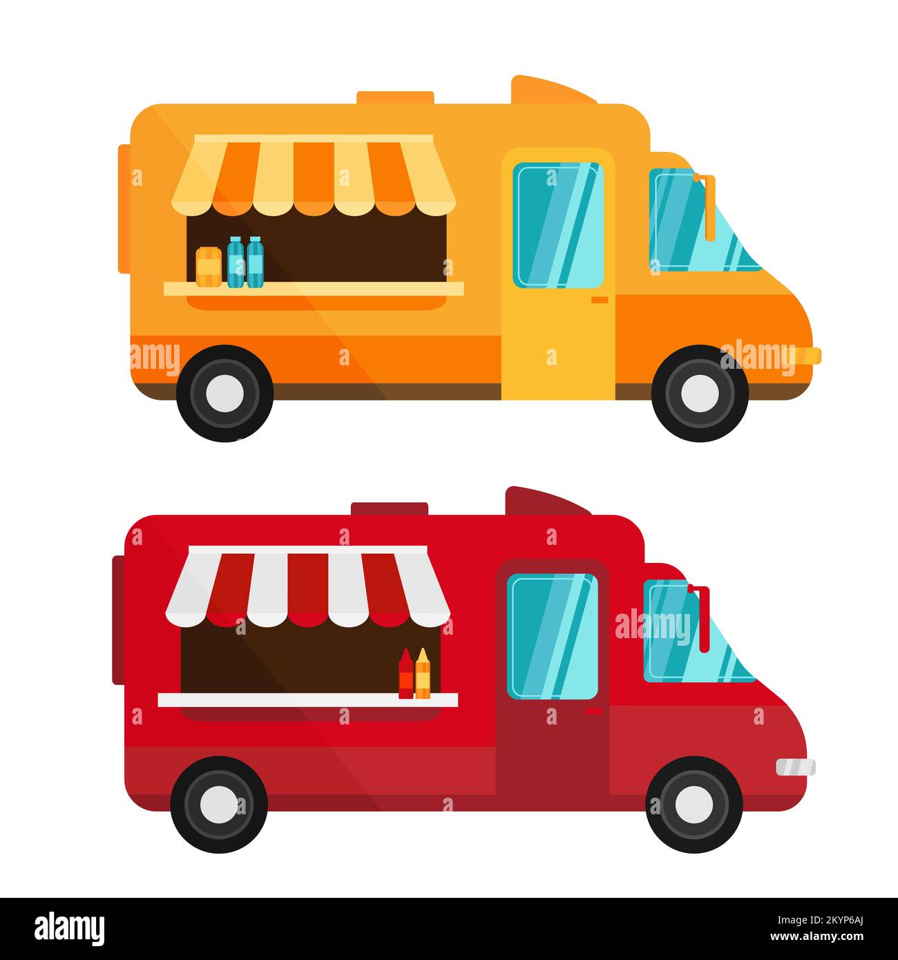 Food truck template. Two colors options. Street fast food truck, takeaway restaurant, market in street vector illustration in flat cartoon style. Stock Vector