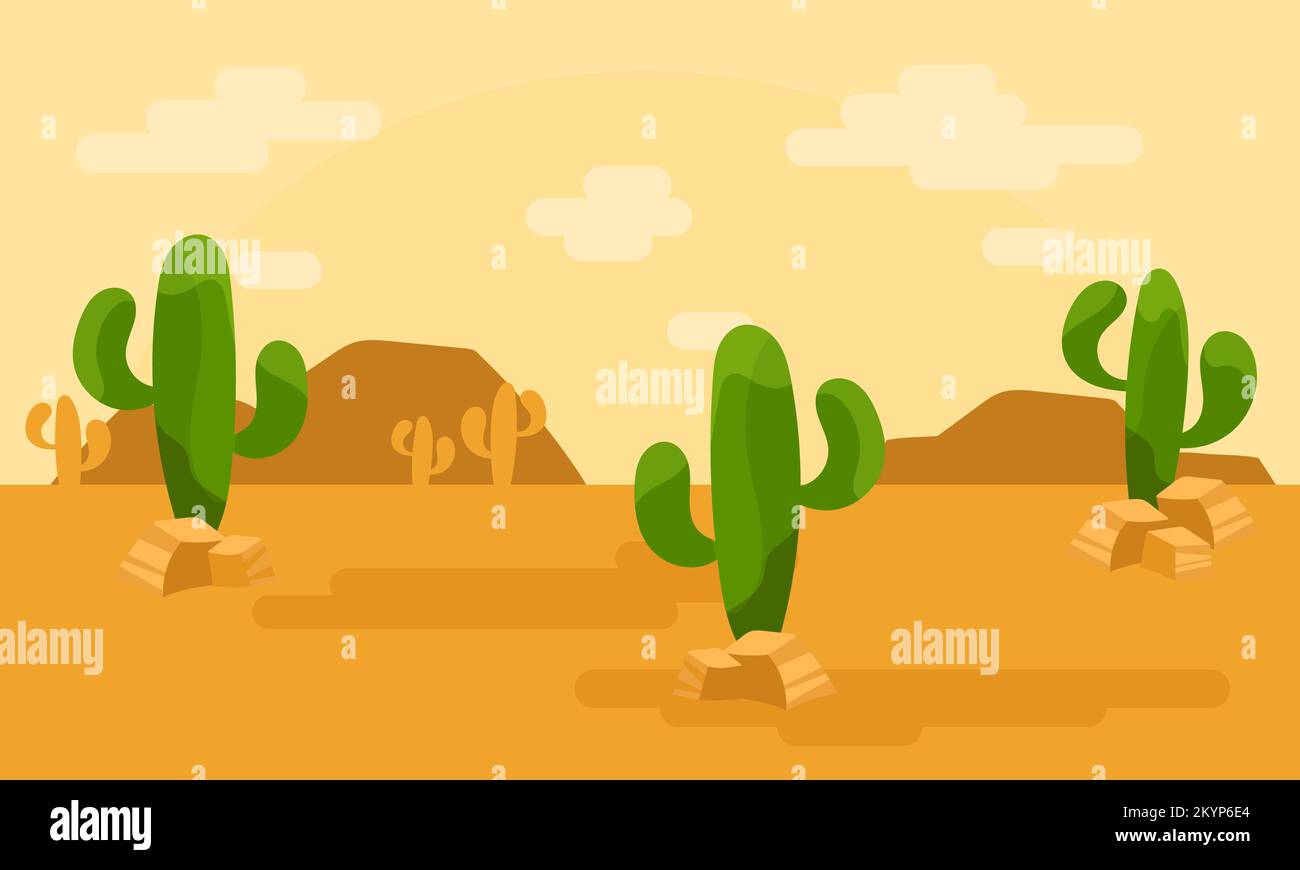 Landscape with cactus. Vector illustration, desert background in Mexico. Cartoon style Stock Vector