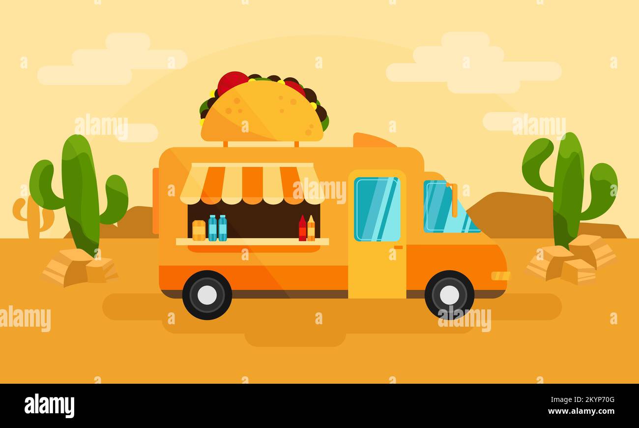 Food truck or Mexican meal. Delivery service or summer food festival. Truck van with Mexican taco. Vector landscape with cactus, desert. Cartoon style Stock Vector