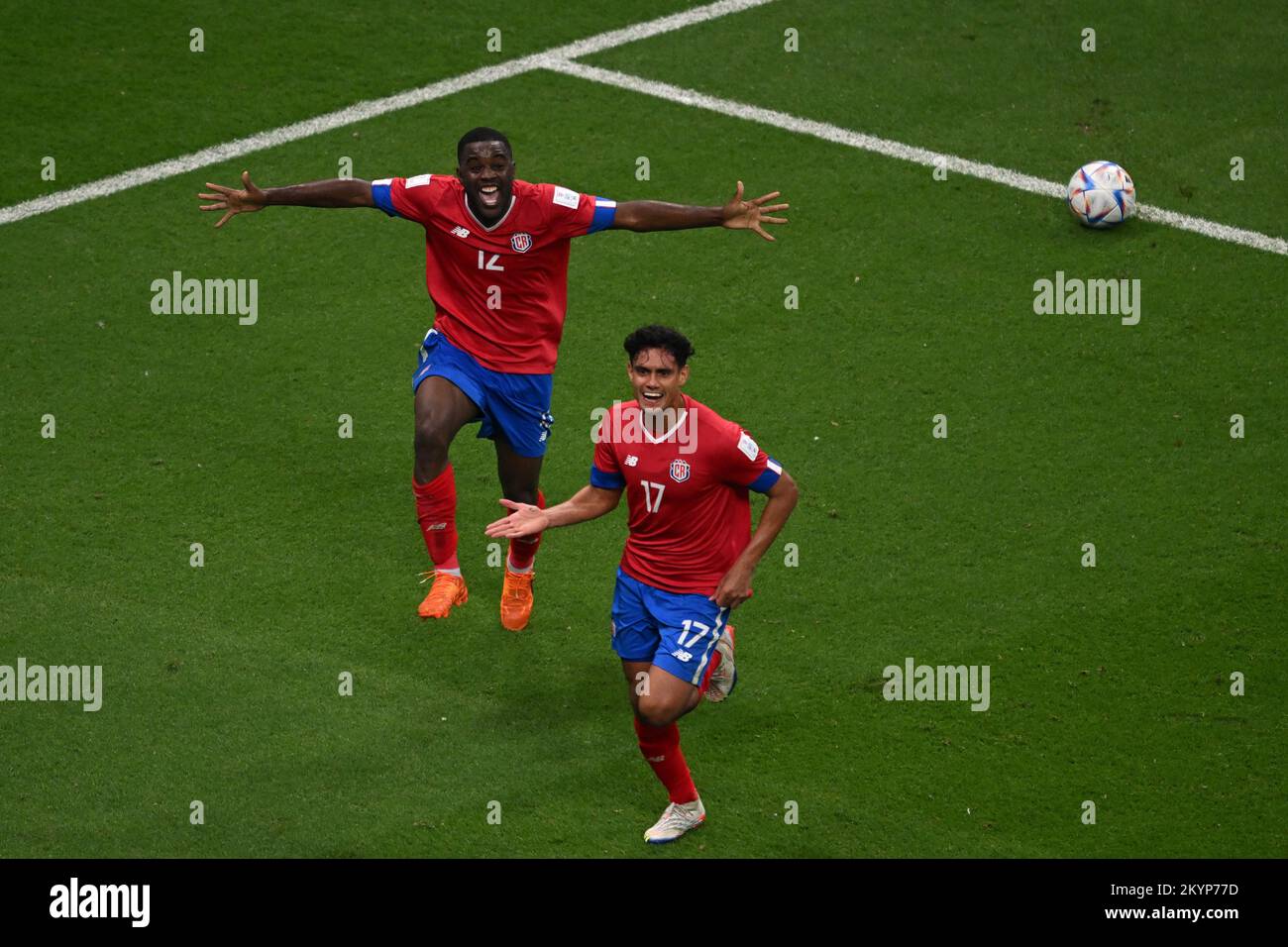 Al Chaur, Qatar. 01st Dec, 2022. Soccer, 2022 World Cup in Qatar, Costa Rica - Germany, Preliminary Round, Group E, Matchday 3, at Al-Bait Stadium, Costa Rica's Yeltsin Tejeda celebrates after scoring to make it 1-1 with Costa Rica's Joel Campbell (back). Credit: Robert Michael/dpa/Alamy Live News Stock Photo