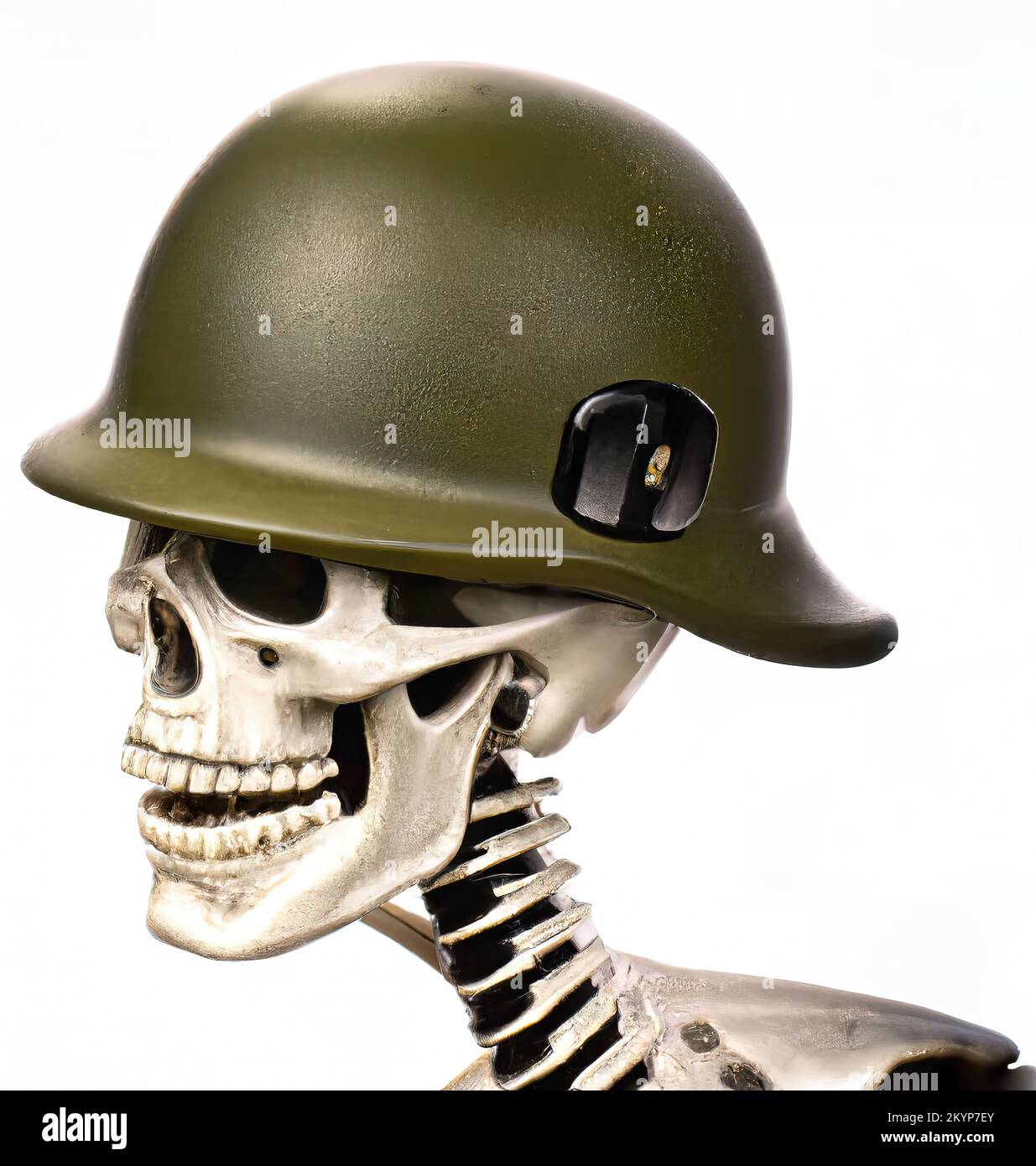 Skeleton soldier wearing an army helmet Stock Photo