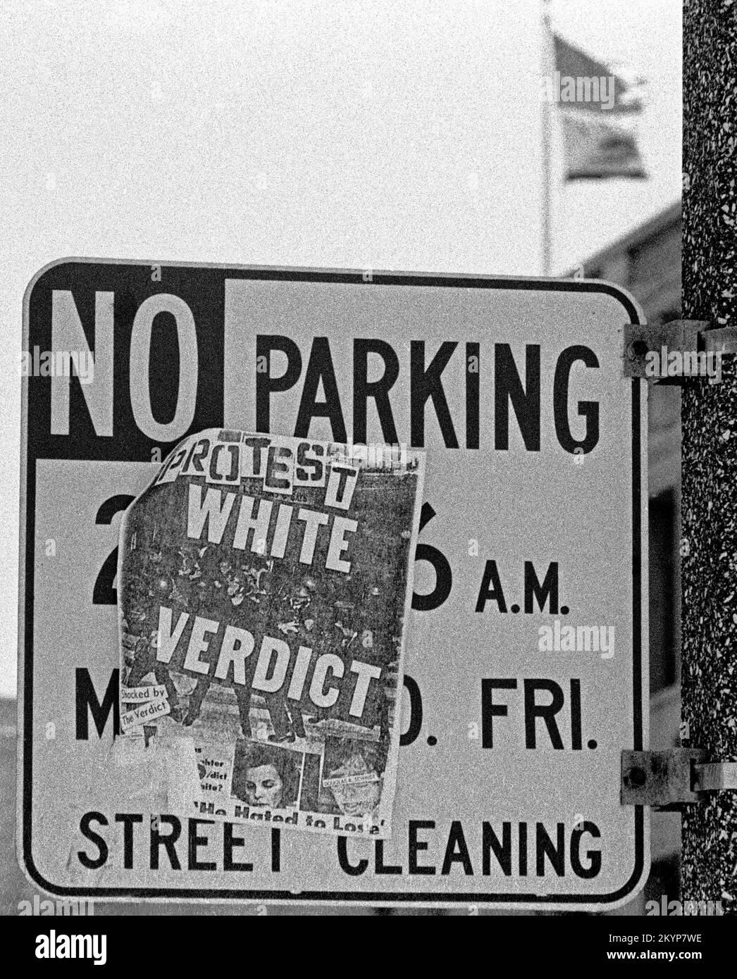 Protest White verdict for the assassination of Supervisor Harvey Milk and Mayor Moscone, poster placed on a no parking sign in San Francisco, California, June, 1979 Stock Photo