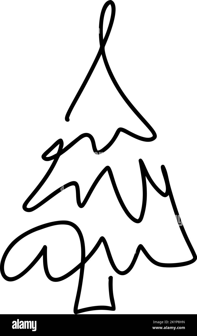 Vector Christmas fir tree monoline art. Continuous one line drawing pine. illustration minimalistic design for xmas and New Year type concept Stock Vector