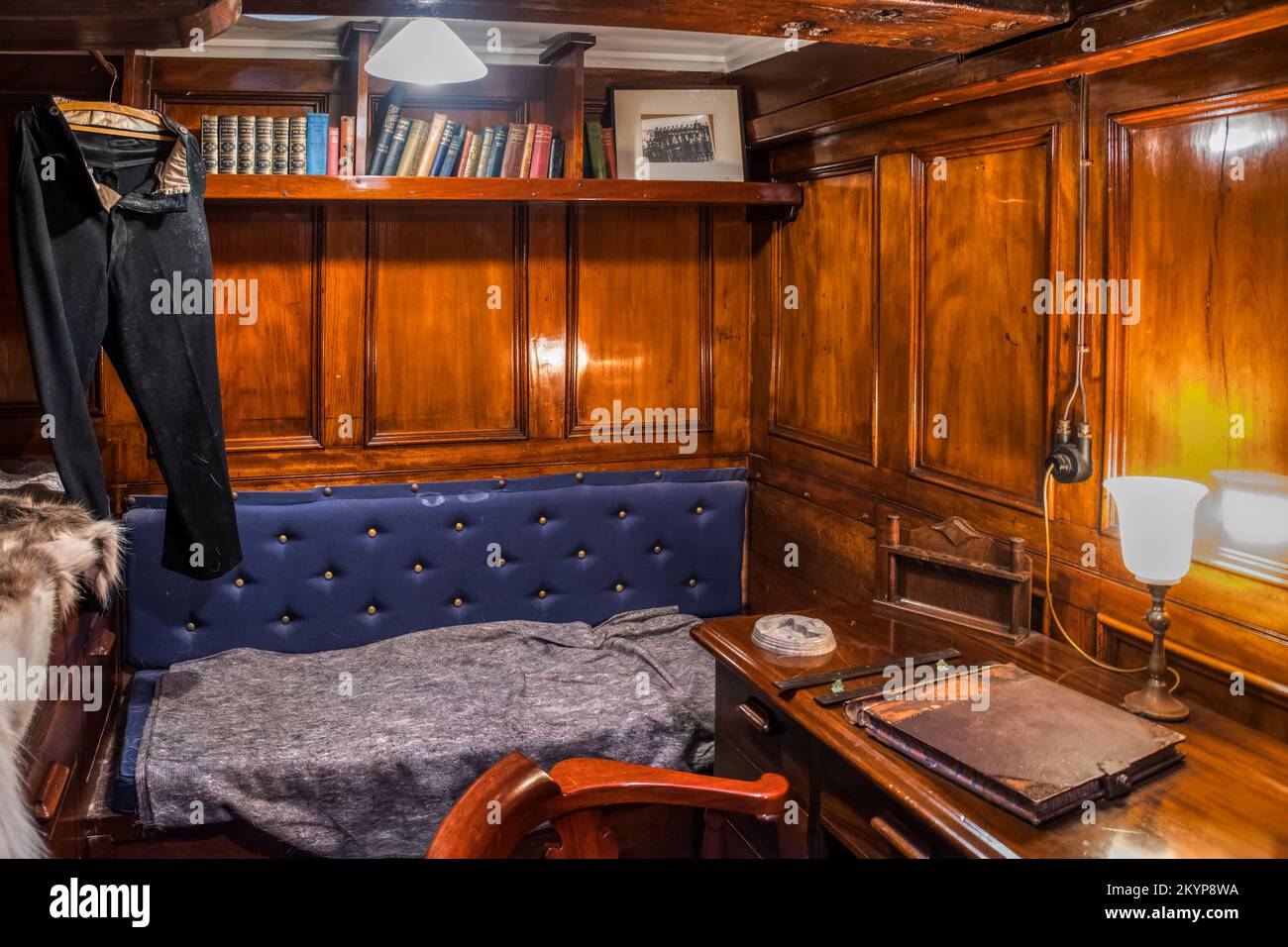 Captain Robert Scott's cabin on RSS Discovery, the ship in which he travelled to the Antarctic. Now in dry dock in Dundee as a tourist attraction. Stock Photo