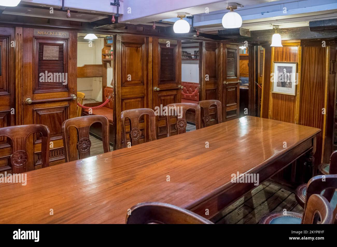 The ward room of RSS Discovery, the ship in which Captain Robert Scott travelled to the Antarctic. Now in dry dock in Dundee as a tourist attraction. Stock Photo