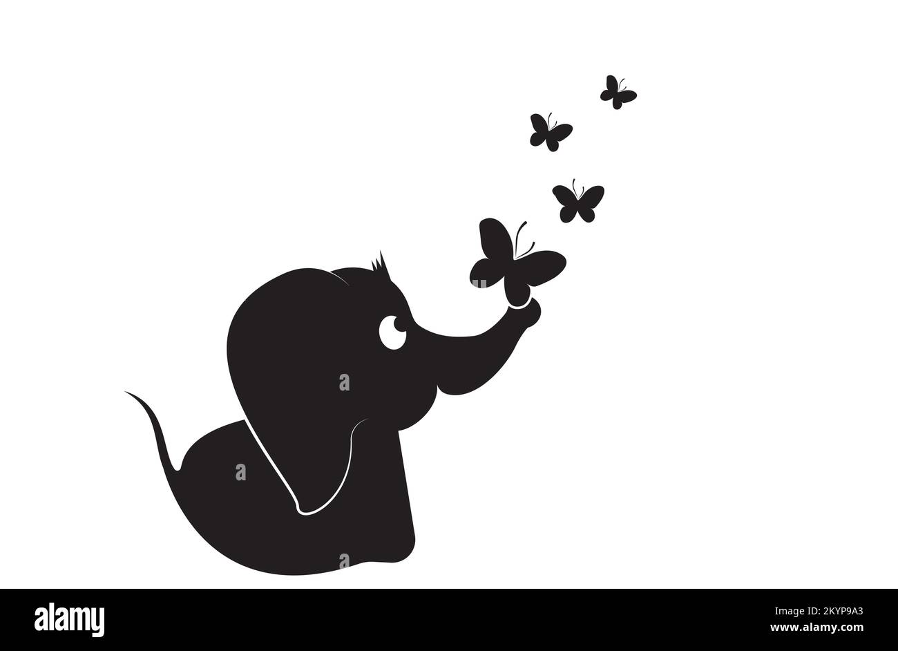 Cute baby elephant silhouette with butterflies on his trunk