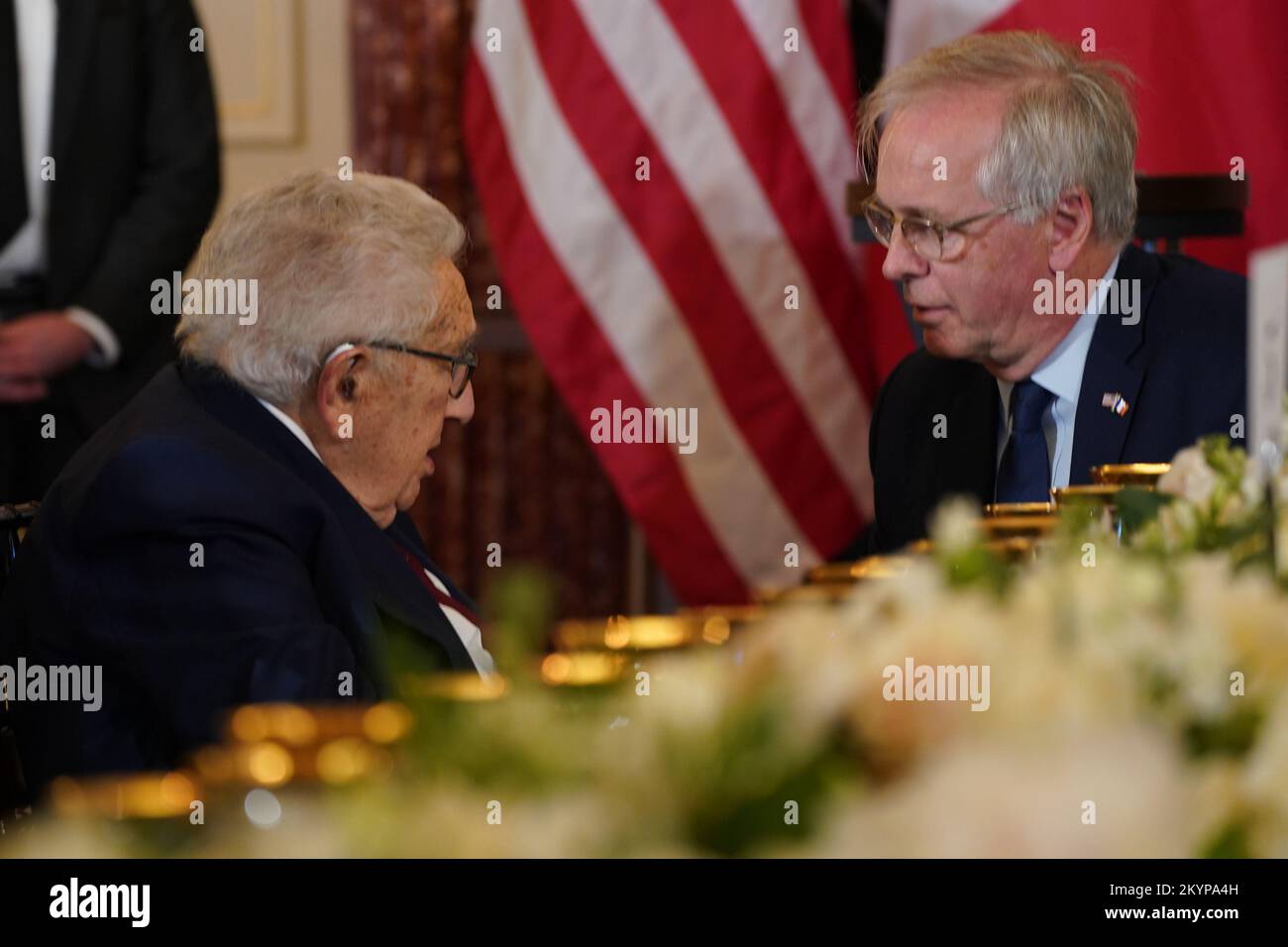 Washington, United States. 01st Dec, 2022. Former United States Secretary of State Henry A. Kissinger (L) converses with Ambassador of France to the United States Philippe Etienne prior to a luncheon hosted by U.S. Secretary of State Antony Blinken honoring President Emmanuel Macron and Brigitte Macron of France at the Department of State in Washington, DC on Thursday, December 1, 2022. Photo by Leigh Vogel/UPI Credit: UPI/Alamy Live News Stock Photo