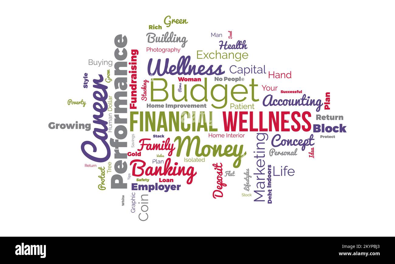 Financial Wellness world cloud background. Lifestyle awareness Vector illustration design concept. Stock Vector