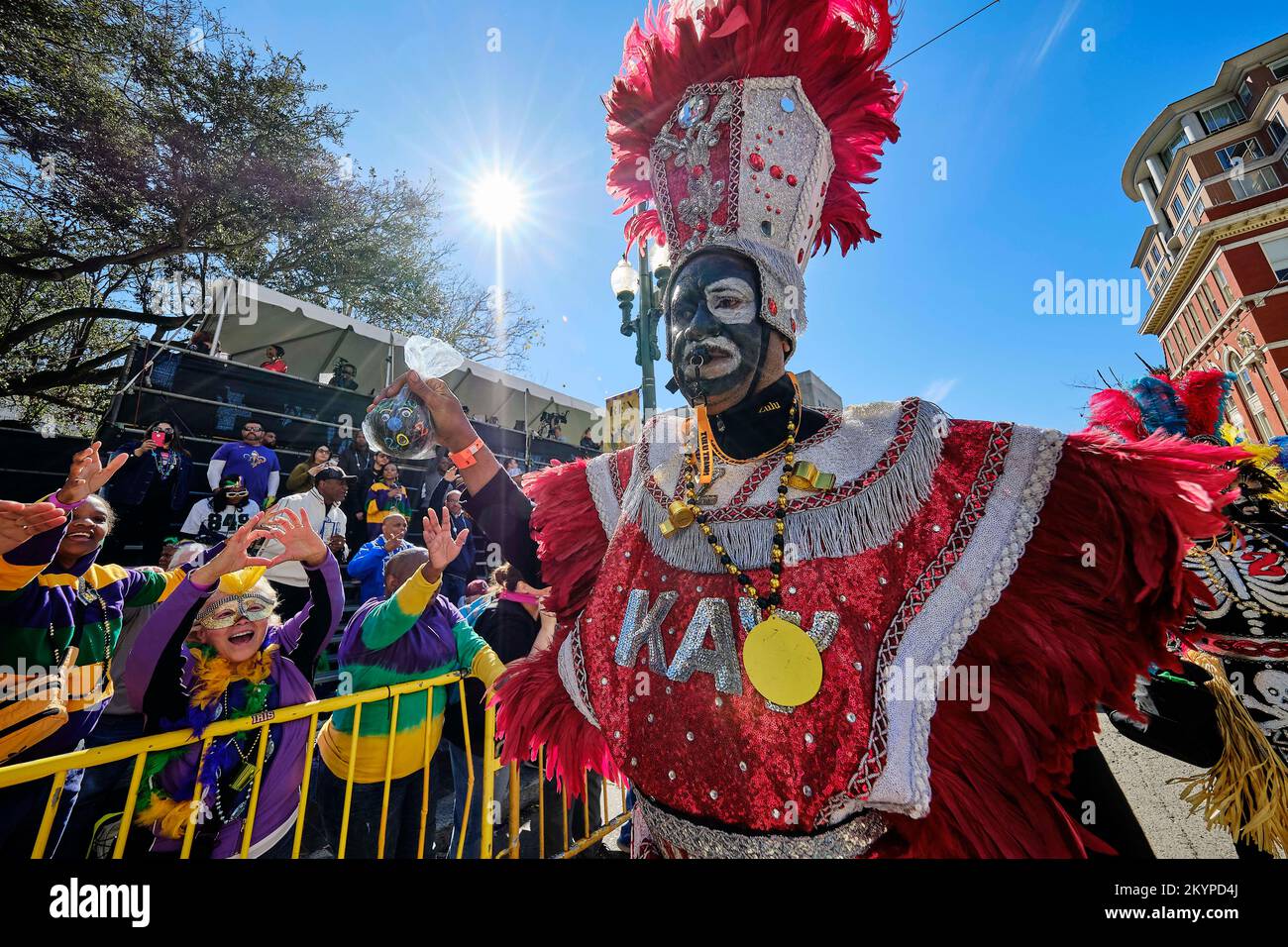 New Orleans, Louisiana, USA. 1st Mar, 2022. A member of the Zulu Social Aid and Pleasure Club Parade dances in the street as a part of Fat Tuesday Mardi Gras celebrations in New Orleans, Louisiana USA on March 01, 2022. Mardi Gras parades and festivities were cancelled in the city last year due to the Covid-19 pandemic. (Credit Image: © Dan Anderson/ZUMA Press Wire) Stock Photo