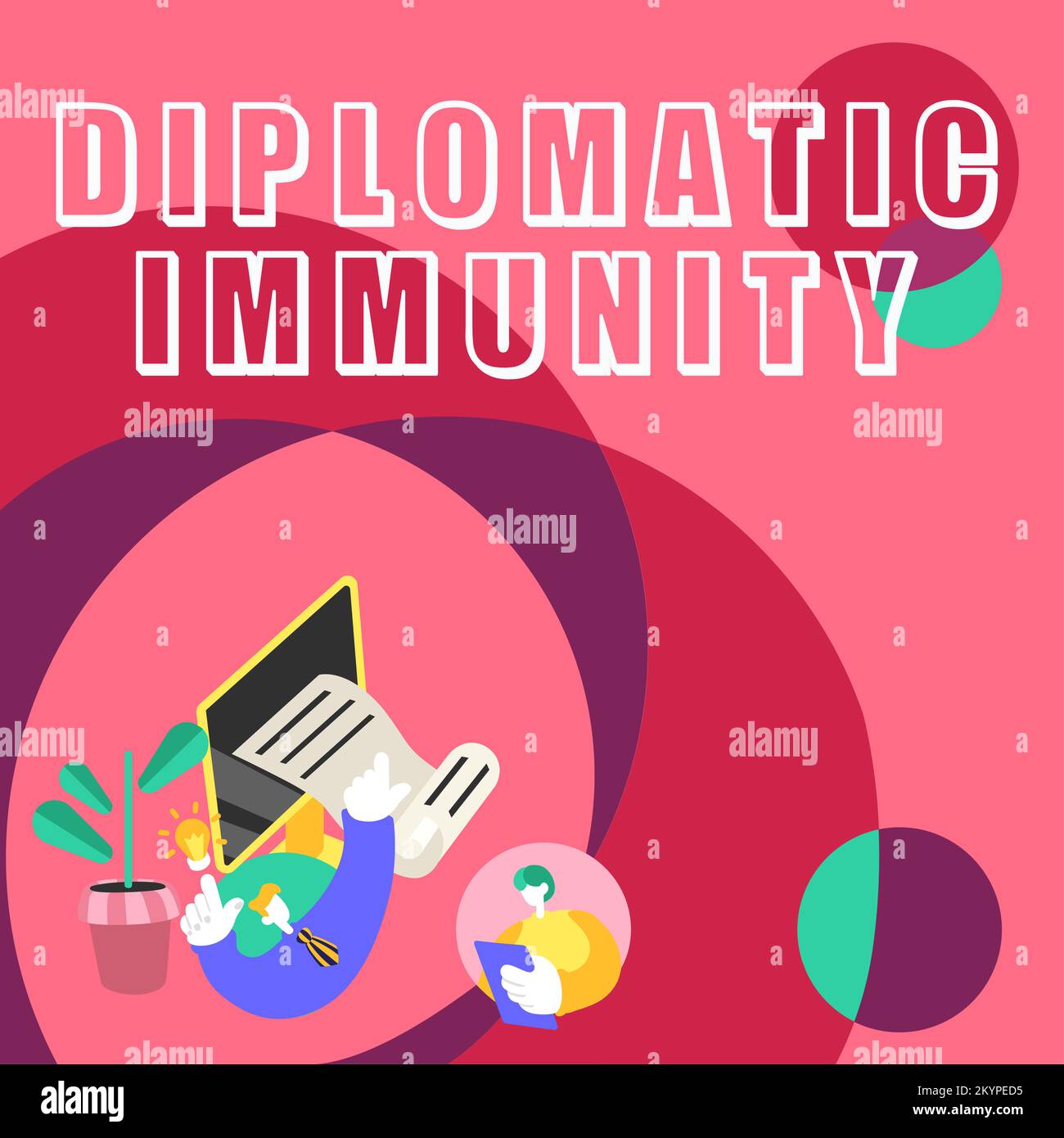 Text caption presenting Diplomatic Immunity. Word Written on law that