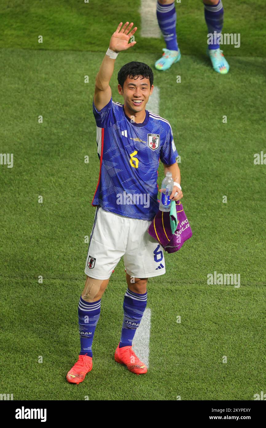 Doha, Qatar. 01st Dec, 2022. Wataru Endo of Japan thanks the fans during the FIFA World Cup Qatar 2022 match between Japan and Spain at Khalifa International Stadium, Doha, Qatar on 1 December 2022. Photo by Peter Dovgan. Editorial use only, license required for commercial use. No use in betting, games or a single club/league/player publications. Credit: UK Sports Pics Ltd/Alamy Live News Stock Photo