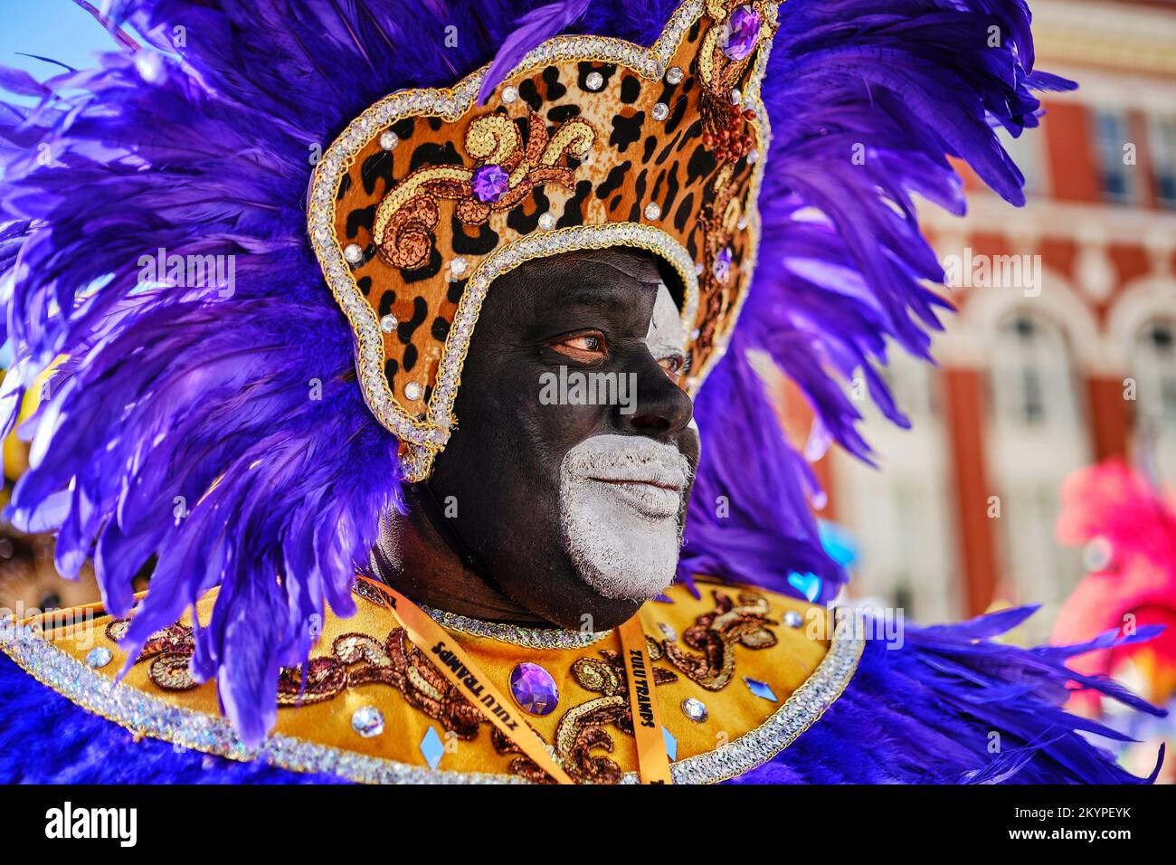 New Orleans, Louisiana, USA. 1st Mar, 2022. A member of the Zulu Social Aid and Pleasure Club Parade dances in the street as a part of Fat Tuesday Mardi Gras celebrations in New Orleans, Louisiana USA on March 01, 2022. Mardi Gras parades and festivities were cancelled in the city last year due to the Covid-19 pandemic. (Credit Image: © Dan Anderson/ZUMA Press Wire) Stock Photo