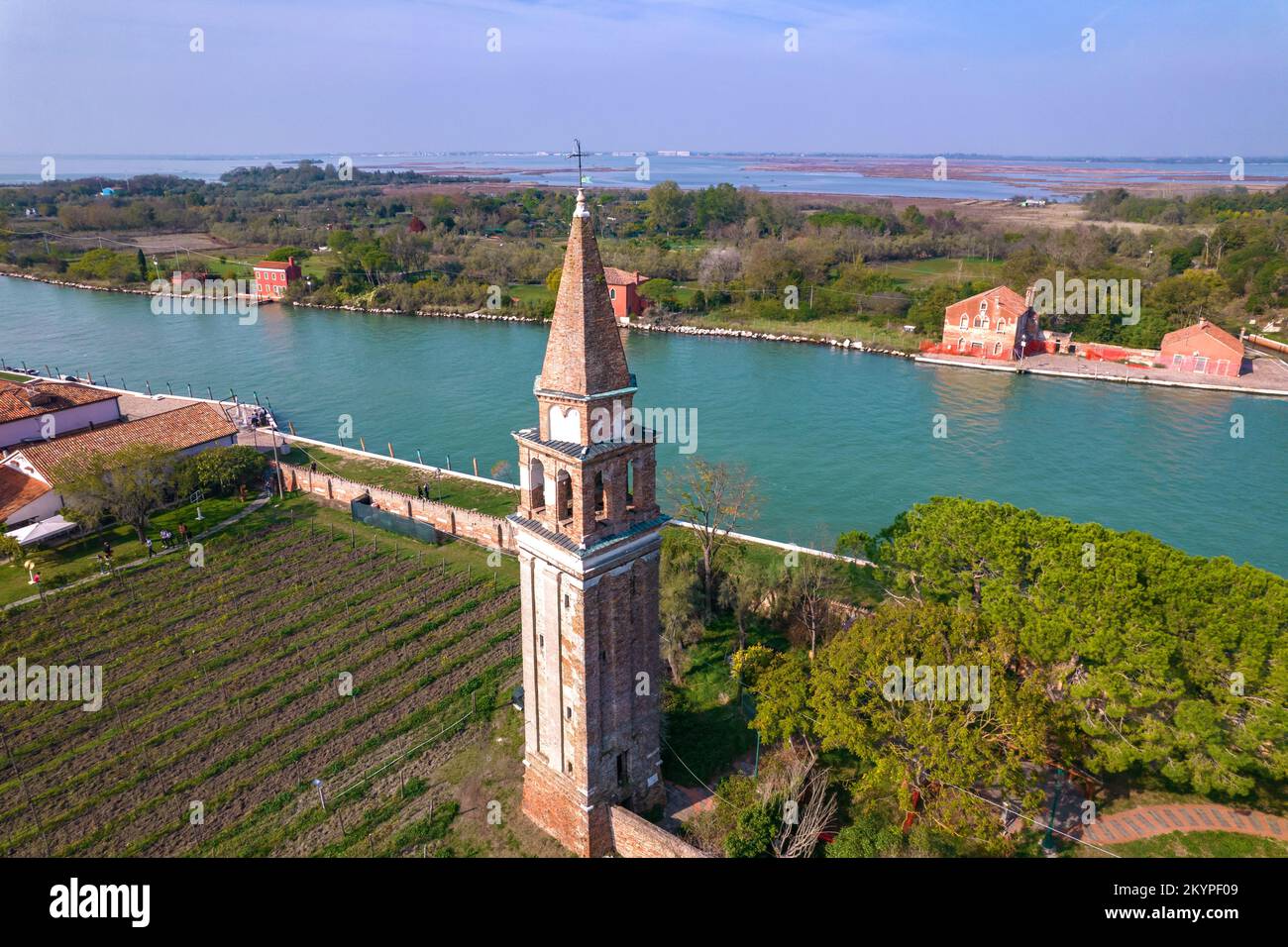 Aerial view on Island Mazzorbo in Venice, Italy.  Forte di Mazzorbo, old bell tower, vineyard and Mazzorbo park. Stock Photo