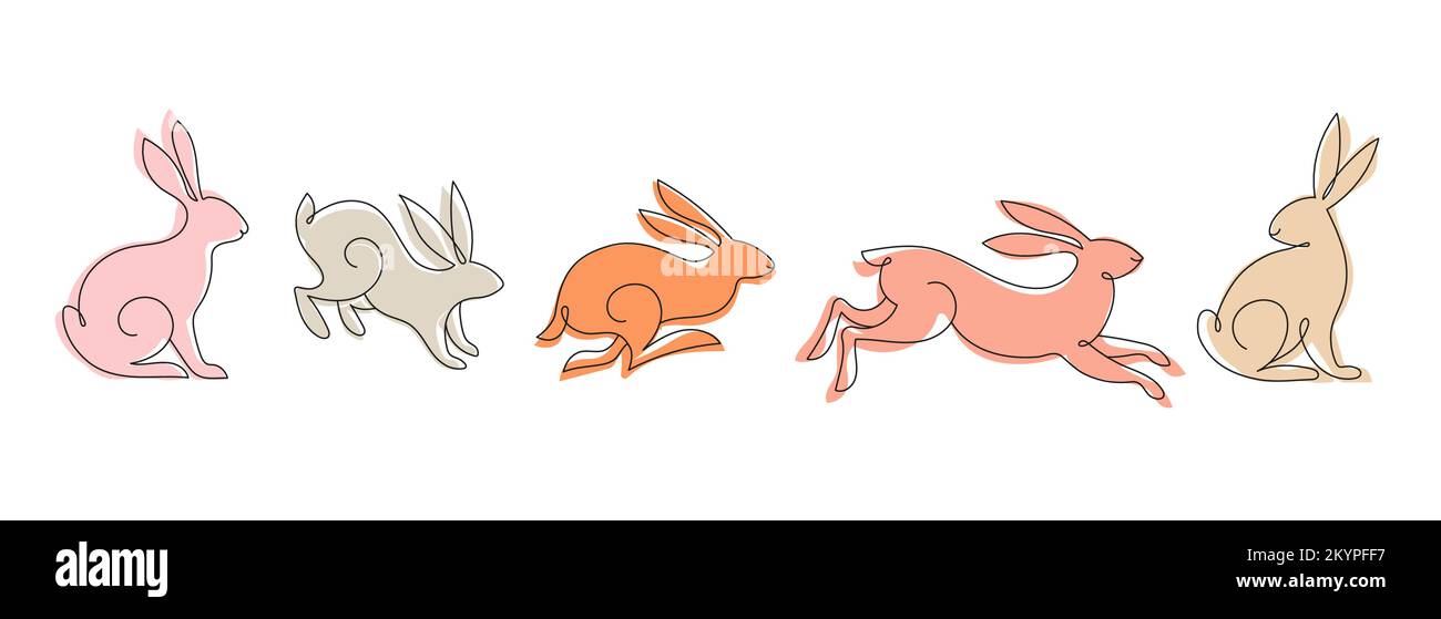 Collection of rabbits, bunnies linear illustrations. Chinese new year