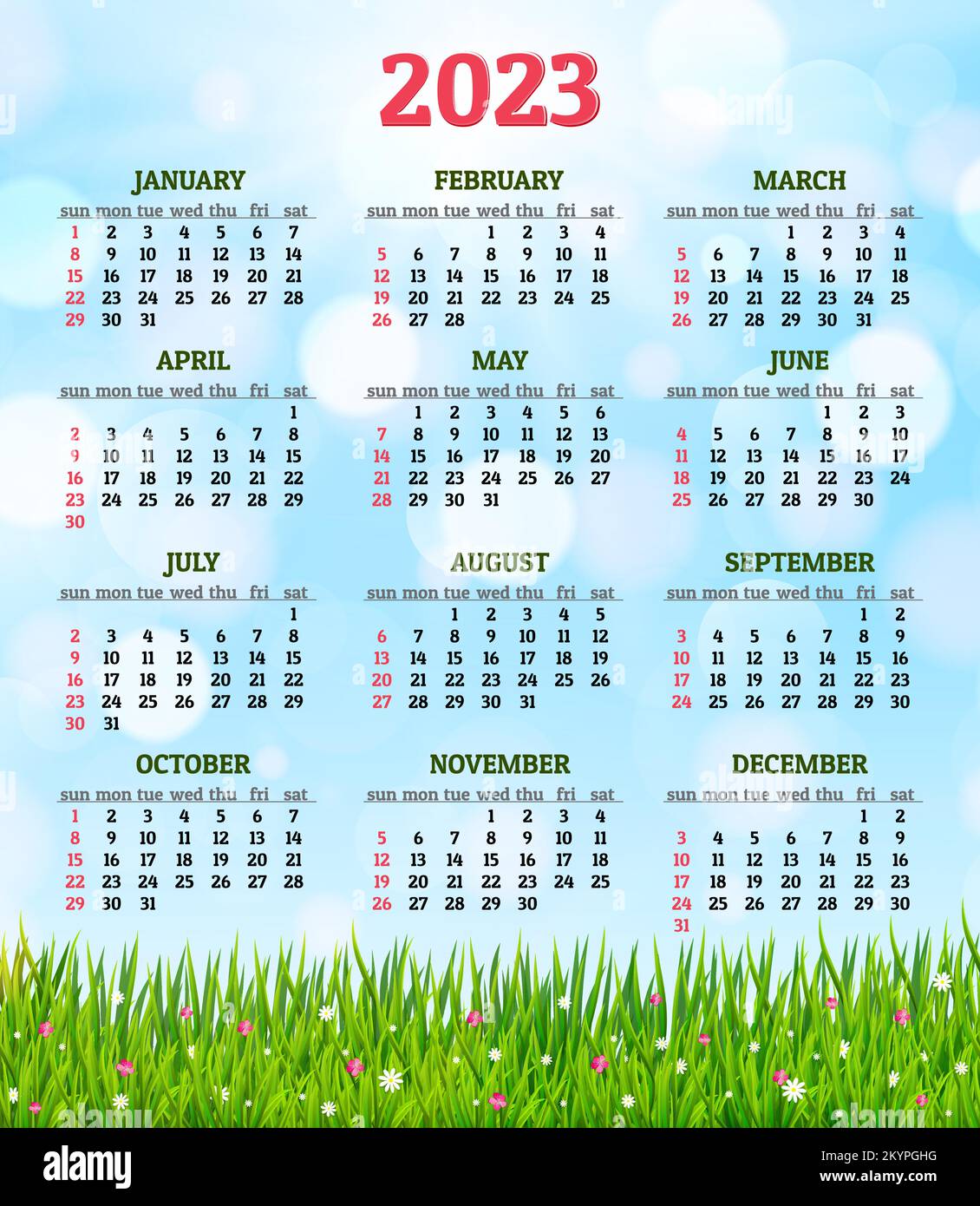 Calendar for 2023 with fresh green grass and flowers background vector Stock Vector