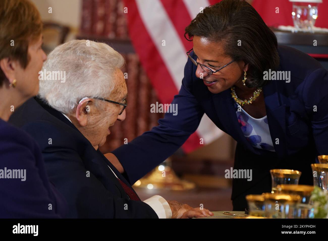 Washington, United States. 01st Dec, 2022. Former Secretary of State Henry A. Kissinger talks with Susan Rice, Director, United States Domestic Policy Council, prior to a luncheon honoring President Emmanuel Macron of France at the State Department in Washington, DC on Thursday, December 1, 2022. Photo by Leigh Vogel/UPI Credit: UPI/Alamy Live News Stock Photo