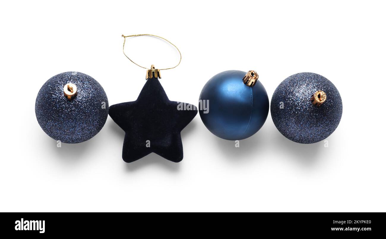 Set of blue Christmas decorations on white background Stock Photo - Alamy