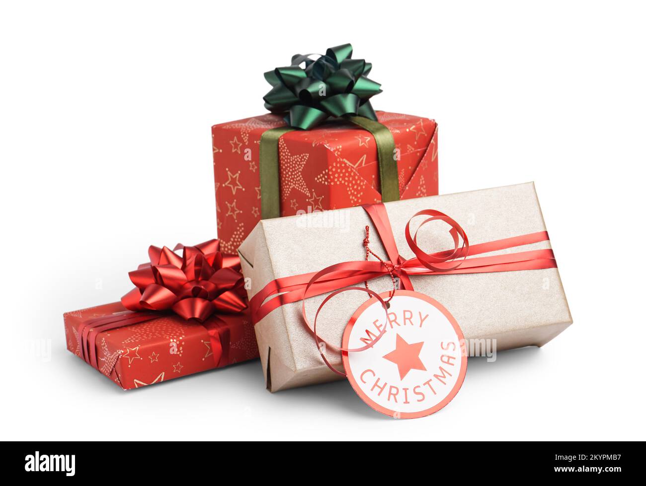 Christmas gift boxes with bows on white background Stock Photo - Alamy