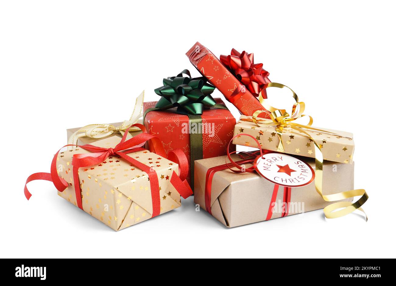 Christmas gift boxes with bows on white background Stock Photo - Alamy