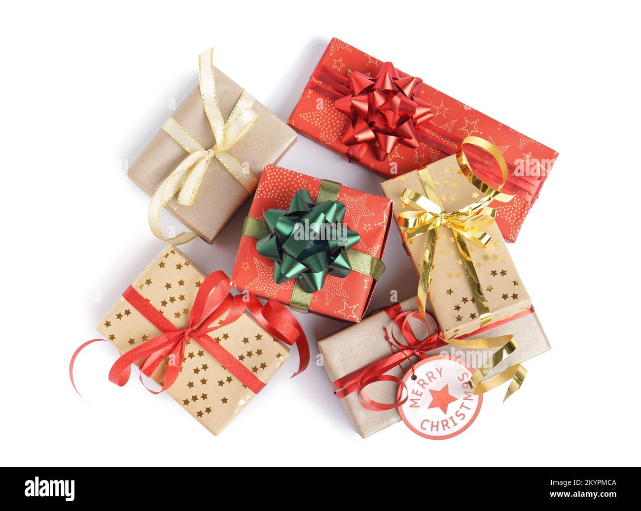 Christmas gift boxes with bows on white background Stock Photo - Alamy