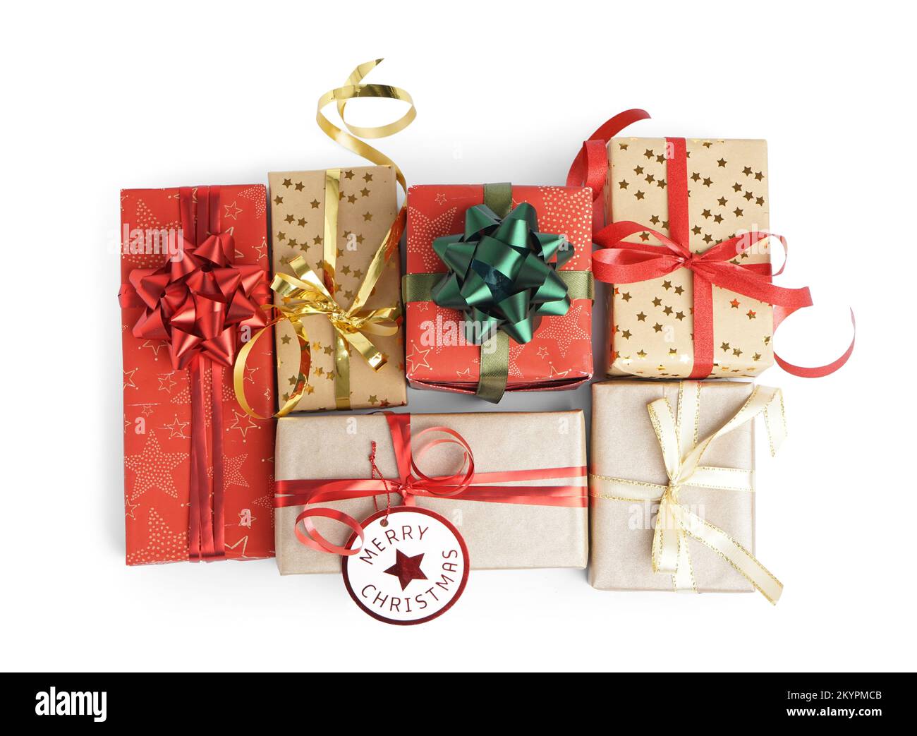Christmas gift boxes with bows on white background Stock Photo - Alamy