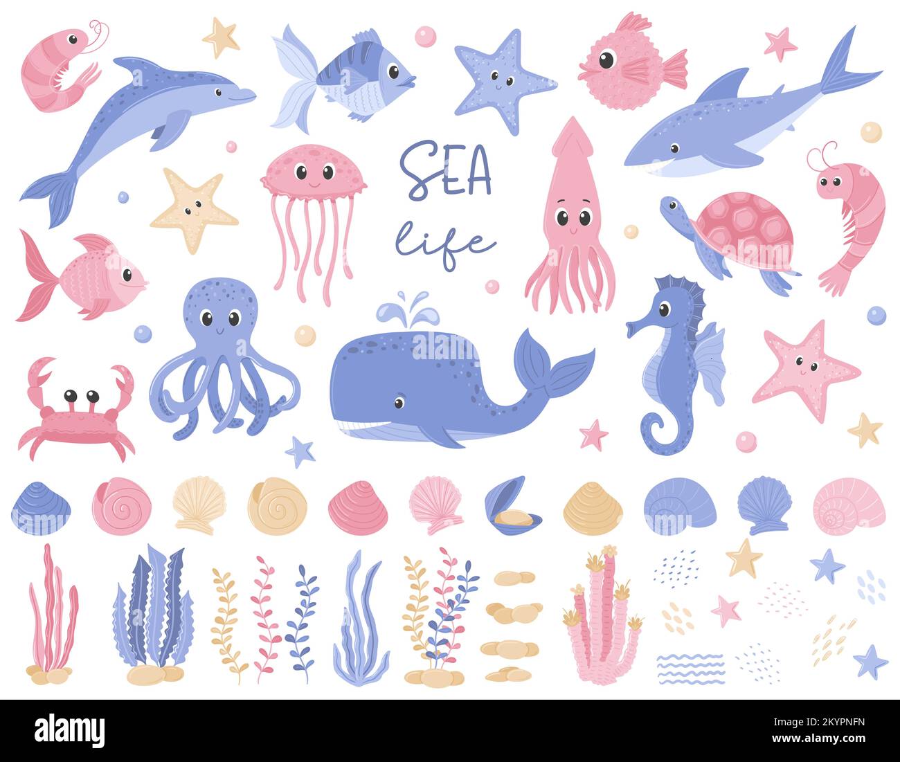 A set of cute cartoon fish. Whale, octopus, squid, turtle, shrimp. Collection of funny sea animals, algae, plants, rocks. Flat vector illustrations is Stock Vector