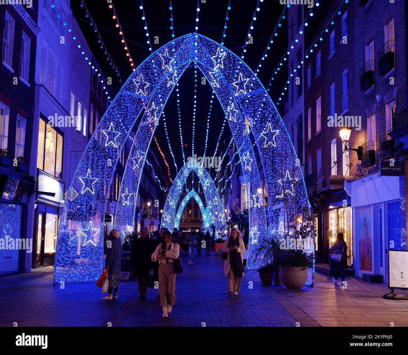 Arch shaped Christmas blue light display on South Molton Street