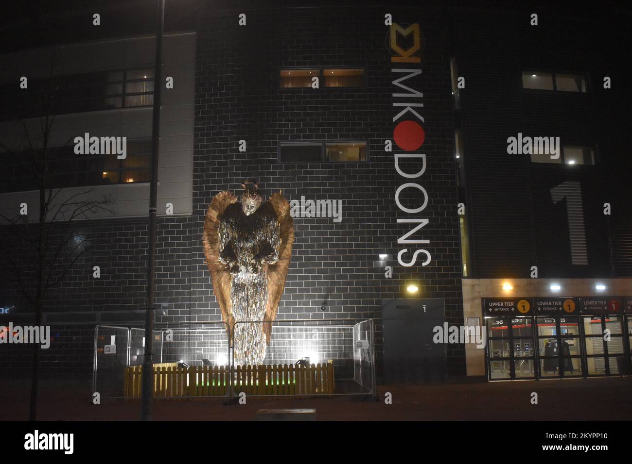 The Knife Angel by artist Alfie Bradley at Milton Keynes Stadium, December 2022. Stock Photo